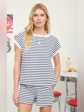 Belle & Beau Striped Lounge Set 2 Piece Shorts Set Black White Ribbed Small